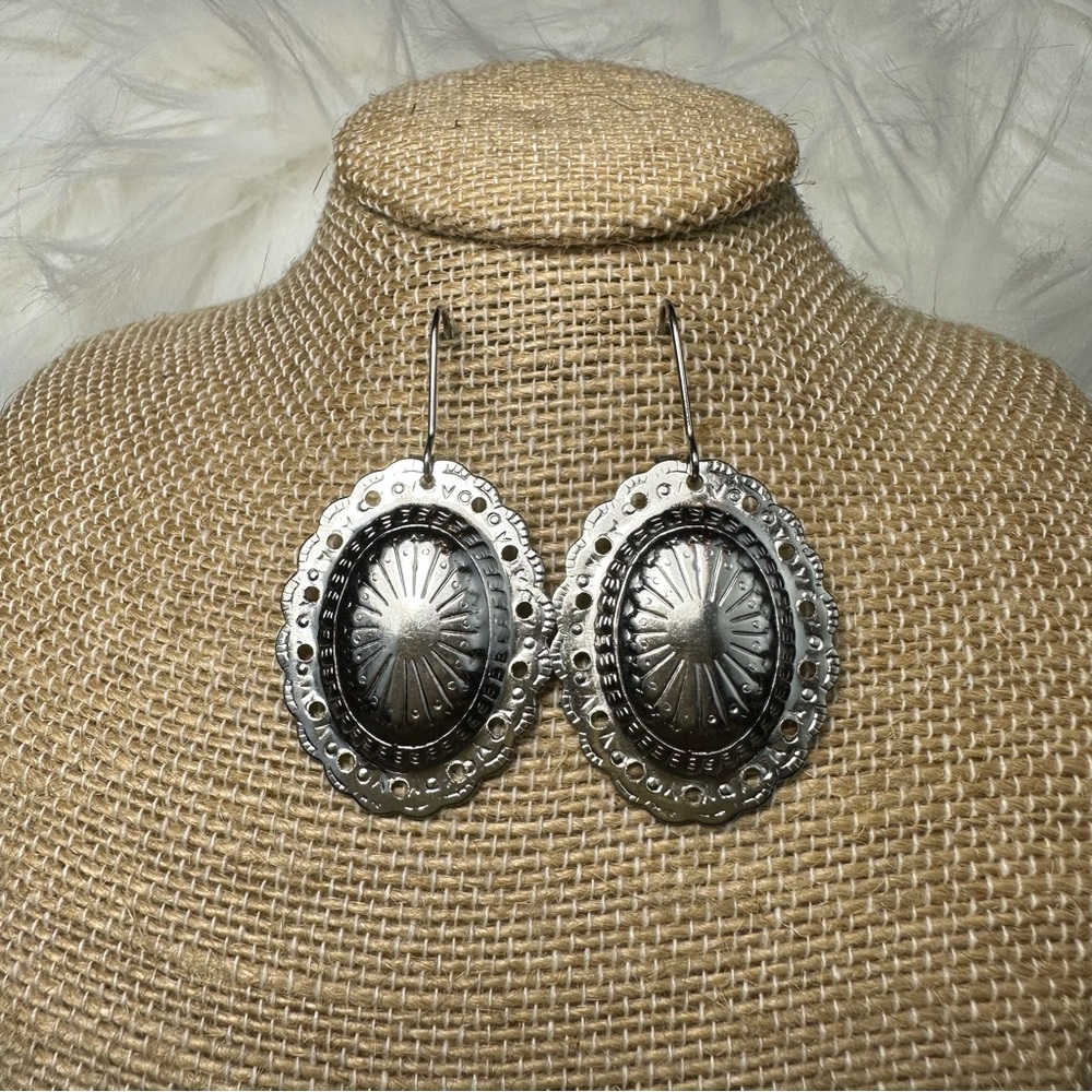 UP SCALE TIME - Silver Tone Oval Southwestern Concho Closed Wire Dangle …
